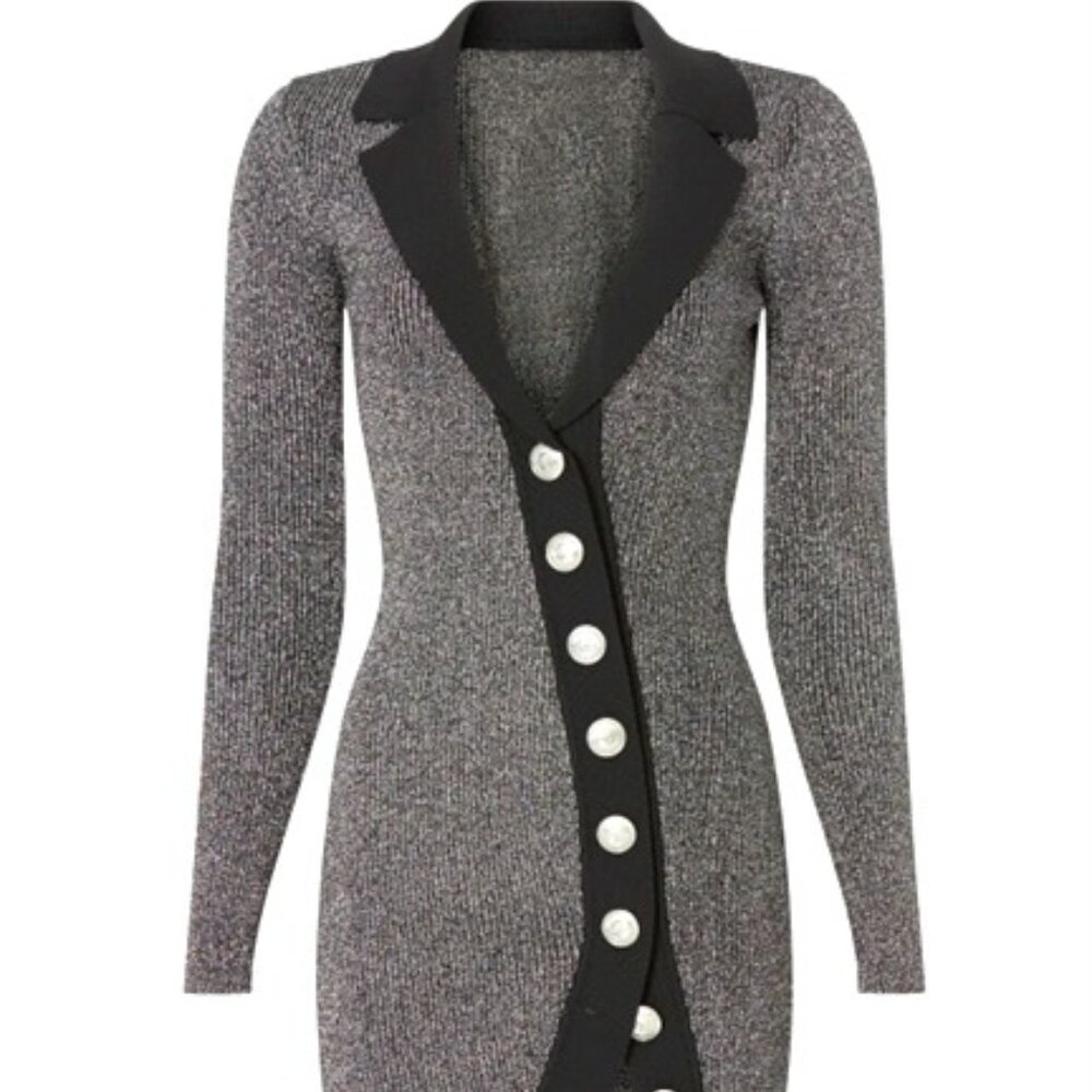 Retrofete Gray Metallic Long-Sleeve Bodycon Dress with Black Trim